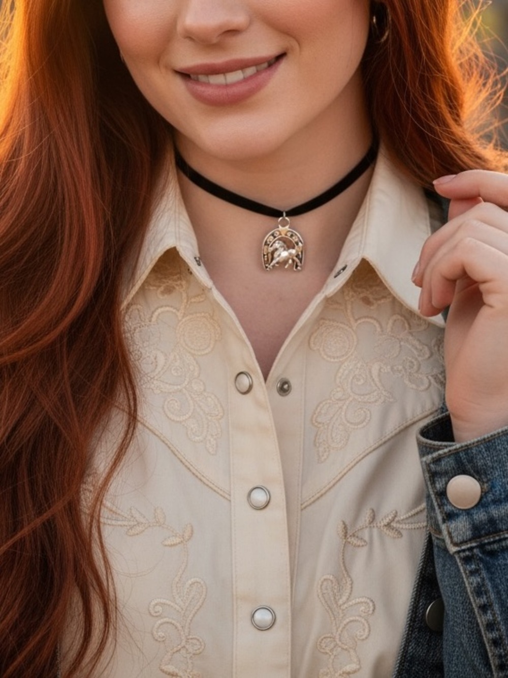 Black Velvet Choker Necklace with Silver Horse Pendant - Picture 3 of 3